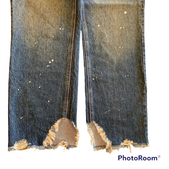 Free People Jeans Size 28 Paint Splatter Raw Hem Cropped Straight Distressed NWT - Picture 6 of 10